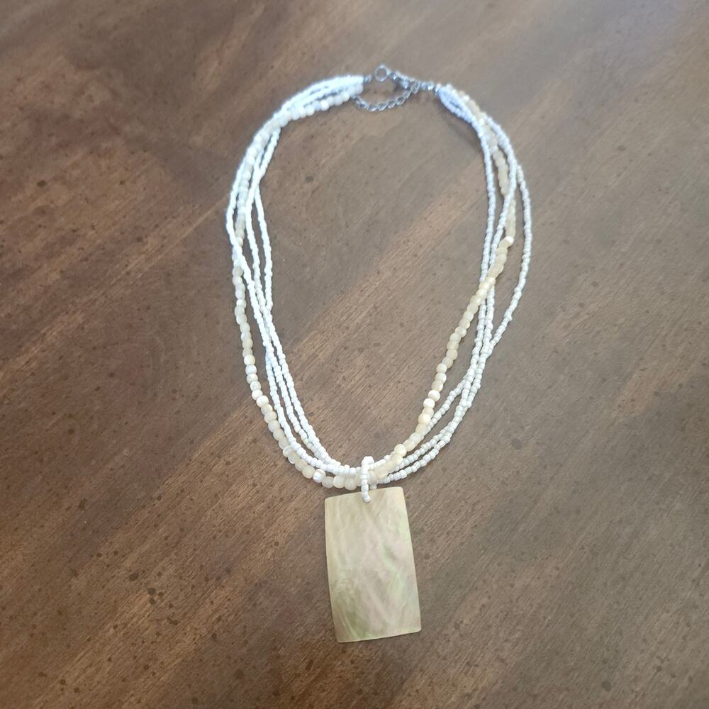 Mother Of Pearl Shell Pendant Glass Seed Bead Multistrand Necklace Boho Coastal